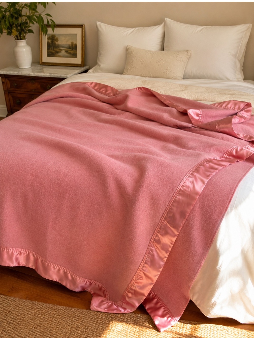 VTG Kenwood 100% Pure Virgin Wool Blanket Queen Pink Satin Trim Canada Heavy